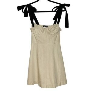 ZARA womens Linen Cotton Ruffled Mini Dress Bow Straps Beige black Euro Summer M